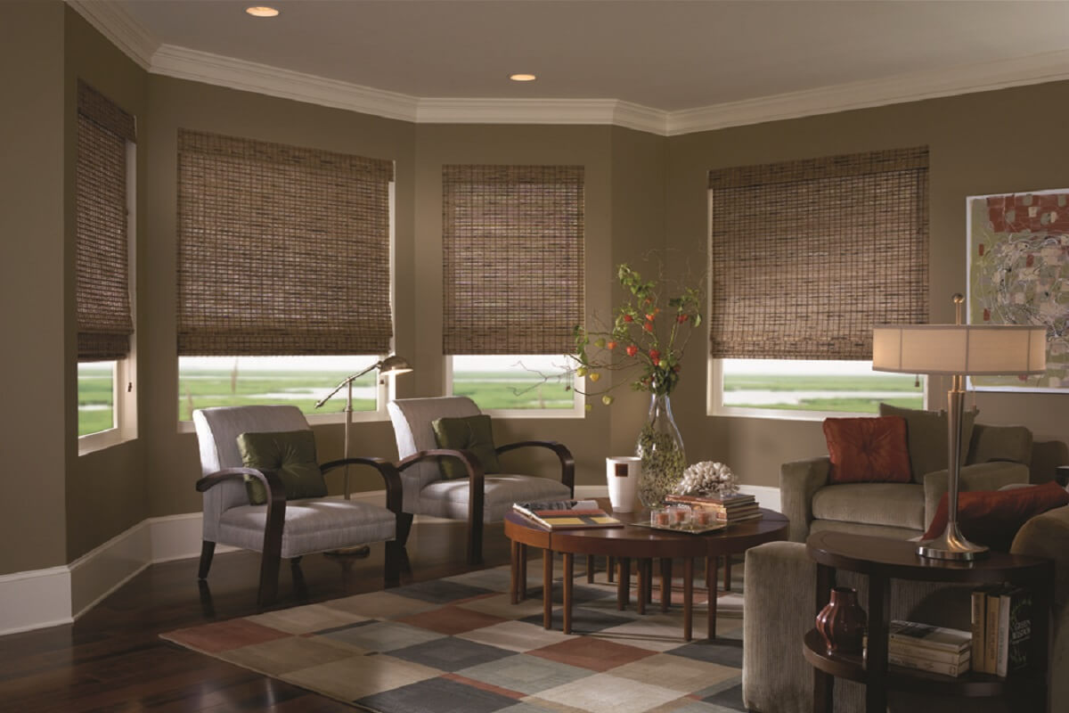 Woven wood shades installed in The Woodlands TX by Shutters & Blinds of The Woodlands